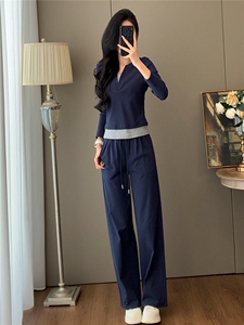高品质时尚气质减龄套装女初秋新款拼接假两件上衣阔腿长裤两件套图片