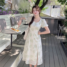 新中式给g风盘扣印花收腰连衣裙，女装连衣裙，采品优优