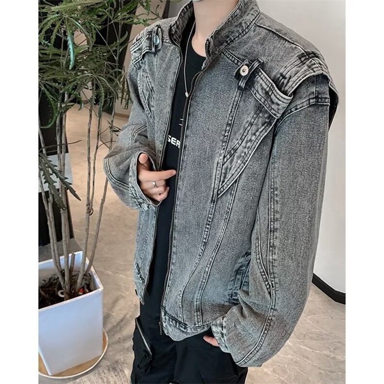 美式复古做旧水洗短款拼接牛仔外套潮牌金属立领夹克男上衣N1237,男装夹克,星座506