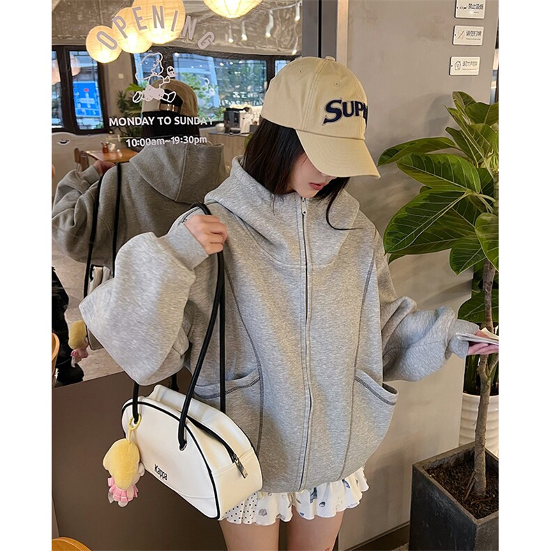 抖音得物高品质秋冬美式高街重磅结构辑明线纹理连帽卫衣外套W111,女装短外套,电商A486-1