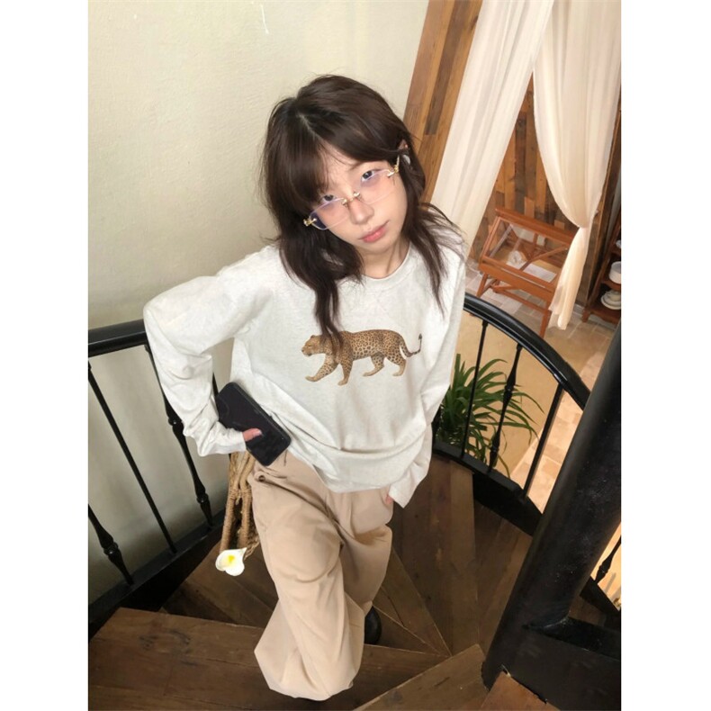 网图现货潮白花灰金钱豹趣味印花圆领长袖T恤打底衫男女CT830-P29,男装T恤,电商C310