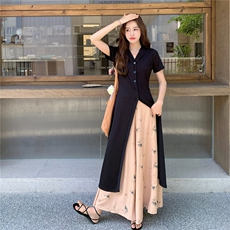 高级感通勤穿搭黑色V领开衫配印花阔腿裤套装女夏2025新款两件套，女装套装/套裙，2C307