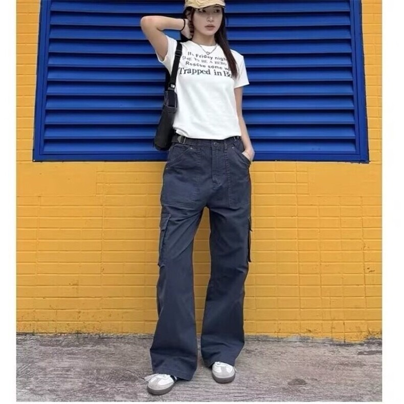 美式多口袋工装牛仔裤男女高街设计感宽松休闲直筒裤K6105-P60,男装休闲裤,星座412-2
