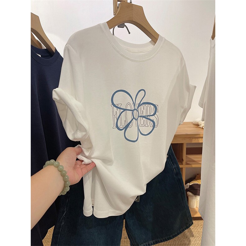 T0645-P25 小清新花朵纯棉印花短袖 白色T恤宽松百搭款图片