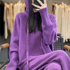 羊范秋冬加厚羊毛针织卫衣阔腿裤两件套女连帽豆子纱时尚套装，女装套装/套裙，宛庄羊绒