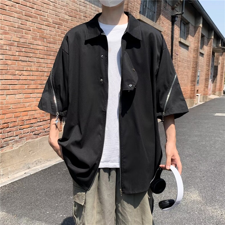 美式高街痞帅衬衫男短袖宽松拉链设计感上衣夏季潮流休闲半袖衬衣,男装T恤,星座1210-1