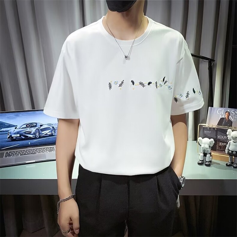 夏季刺绣T恤男短袖潮牌痞帅半袖体恤男2025新款衣服夏装薄款上衣,男装T恤,电商B212（原钱塘6029）