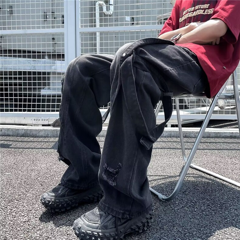 美式高街潮牌百搭直筒复古做旧水洗拼接设计飘带牛仔裤子KU01/P52图片