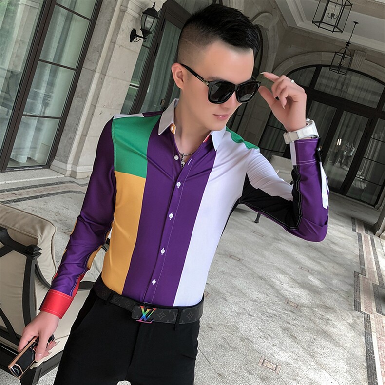2021春秋衬衫社会男长袖上衣拼接男装韩版修身四季潮流衬衣Q854-P55图片