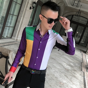2021春秋衬衫社会男长袖上衣拼接男装韩版修身四季潮流衬衣Q854-P55图片