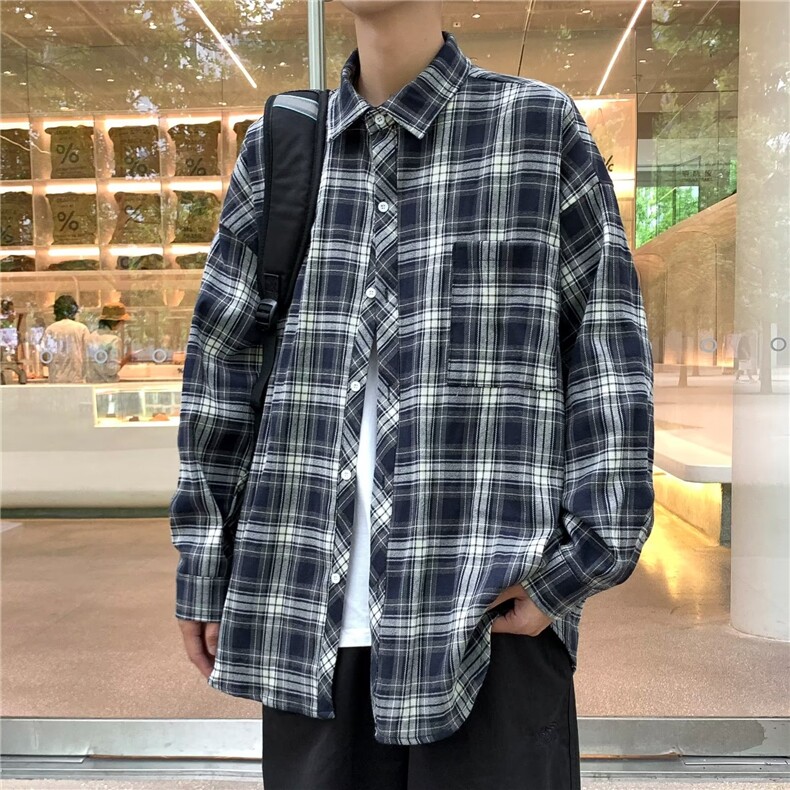 港风格子衬衫男春秋痞帅高级感长袖衬衣潮内搭秋季外套衬衫CS84,男装衬衫,星座302B