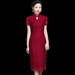 旗袍2025年新款改良小个子时尚高档蕾丝年轻妈妈装婚宴喜婆婆礼服图片