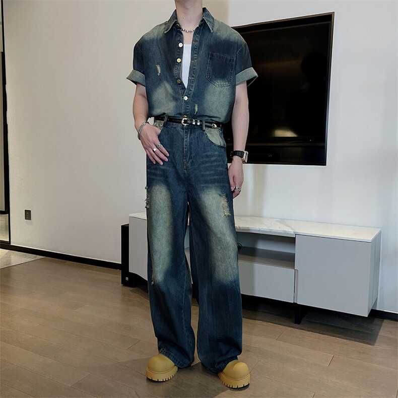 夏季网红水洗破洞短袖牛仔衬衫牛仔裤套装男潮TZ289上衣88裤子85，男装牛仔裤，电商B267