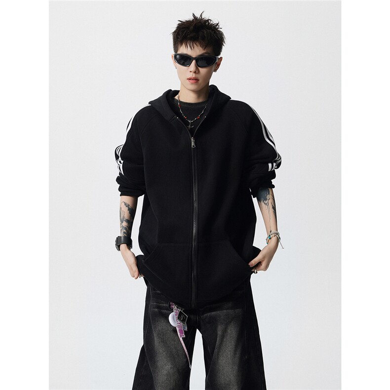 8XL-M秋冬美式运动三条杠条纹开衫卫衣连帽特大码宽松JK5206/P65,男装卫衣,电商B238