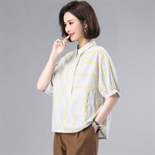 条纹衬衫女纯棉2022年新款夏季宽松薄款衬衣时尚妈妈设计感上衣潮，女装衬衫，奕阳依阁