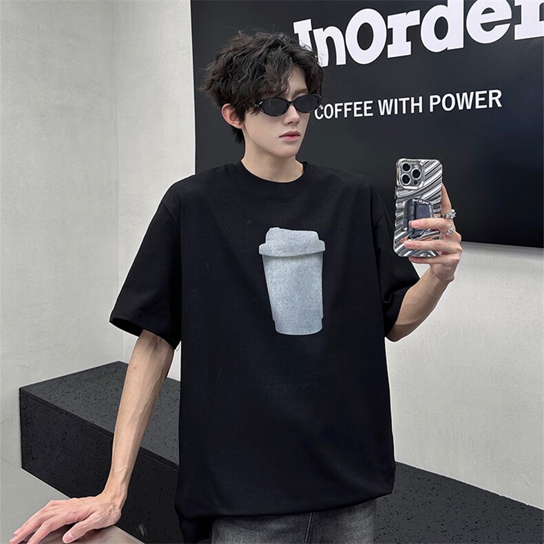 潮牌短袖T恤立体咖啡杯设计感T恤美式复古休闲打底短袖T恤特P38,男装T恤,电商B319