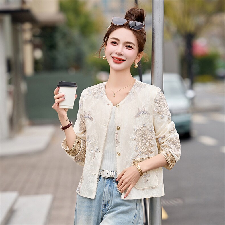 闺舍2025春季新款女装新中式国风缎面外套高级感禅意圆领印花上衣,女装防晒衣,妙形