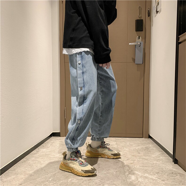 主推 秋季宽松束脚牛仔裤百搭侧边排扣束脚长裤男k190-p40 控价59图片