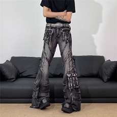 大码美式复古多口袋做旧工装牛仔裤女辣妹设计感修身显瘦微喇长裤，男装牛仔裤，星座506A