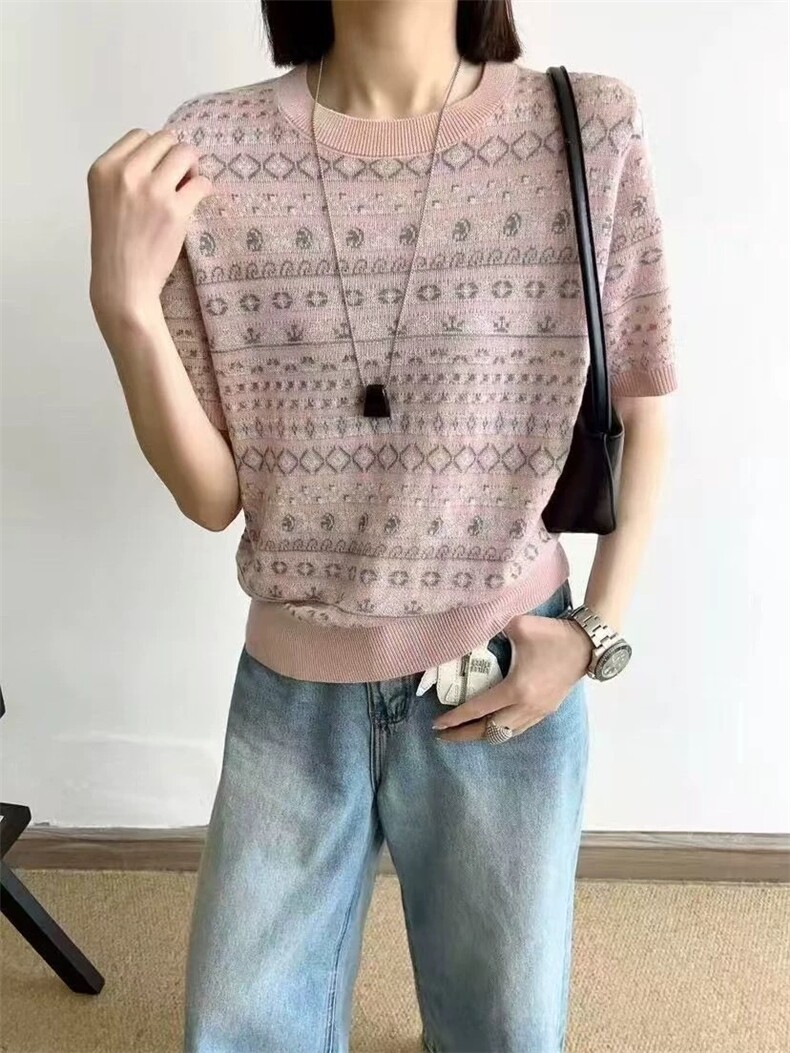 羊毛提花圆领套头短袖,女装T恤,艾米娇羊绒