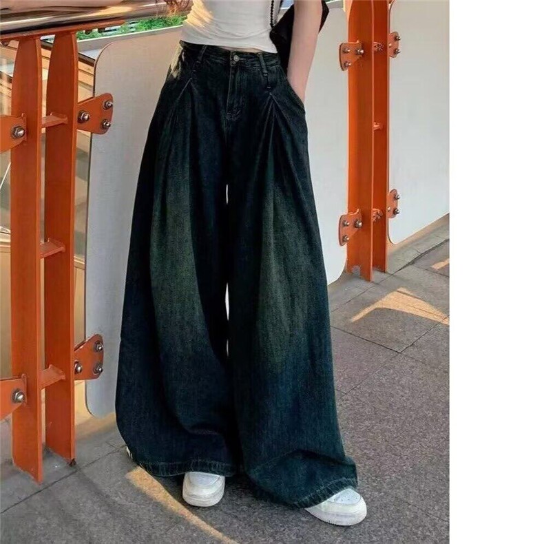 韩版垂感设计感复古牛仔裤女夏季高腰显瘦宽松阔腿裤拖地裤长裤子,女装休闲裤,星座506A