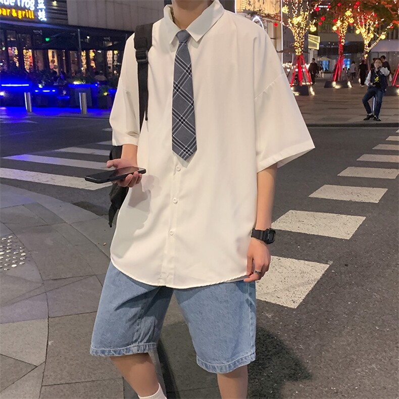 送领带夏季薄款短袖衬衫男女港风宽松班服DK学院风衬衣C313/P32,男装衬衫,电商D202-1