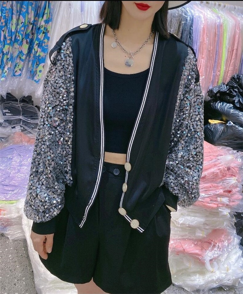 AX9602欧货春季新款女装宽松V领显瘦拼亮片薄款时尚短外套,女装短外套,L·H·X