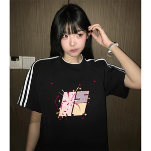 抖音得物高品质二开240克宽松纯棉美式潮牌三条杠织带短袖T恤