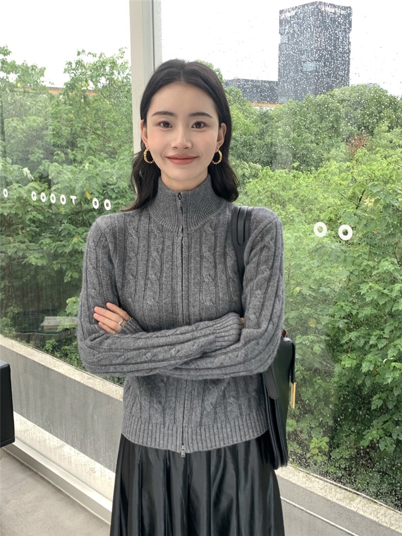 时尚新款开衫女翻领纯色毛衣修身拉链针织外套,针织衫/毛衣,玛卡隆羊绒
