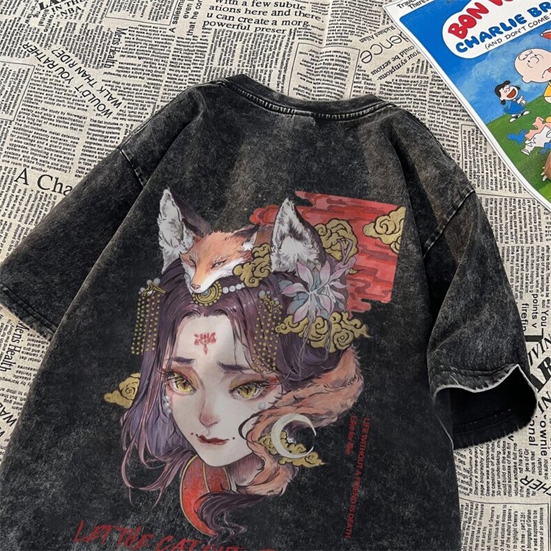 2025新款漫画狐狸女大码高街青少年水洗短袖XZ517A-3-AQ024T-P38图片