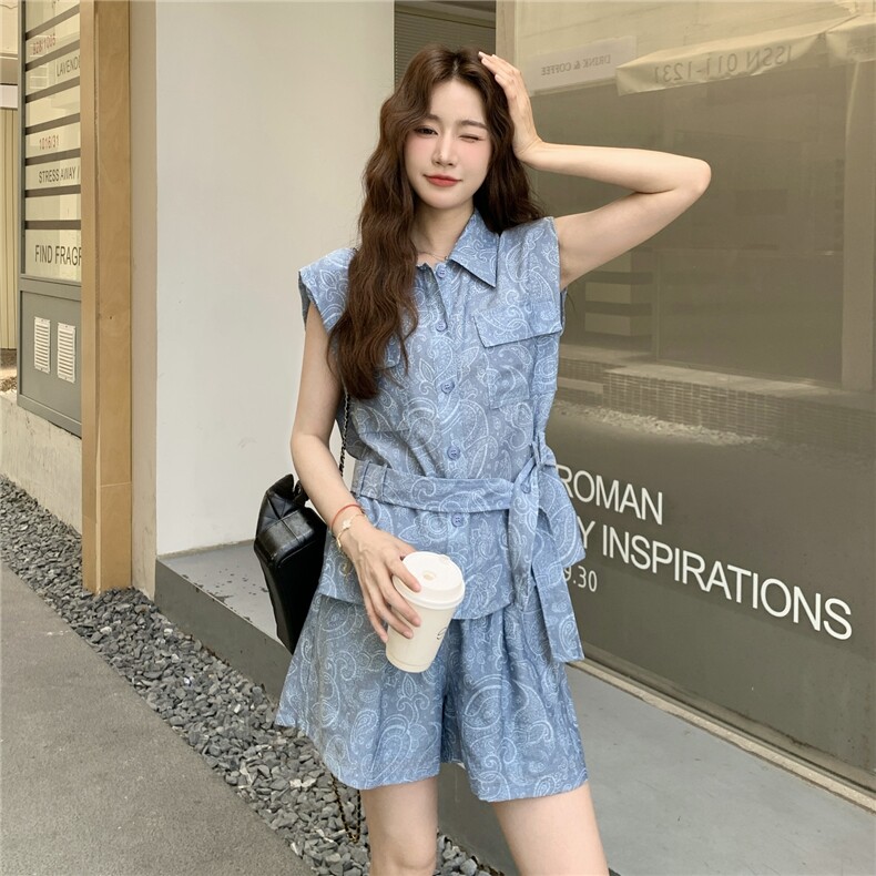 现货高档面料印花衬衫短裤两件套2C090-8875-P155-K228,女装套装/套裙,2C090