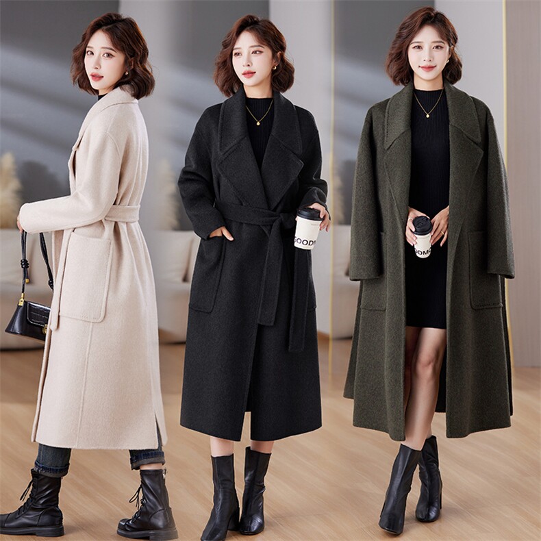 2024秋冬新款时尚气质系带中长款加厚100%羊毛双面羊绒大衣，女装双面呢大衣，媚琳依坊