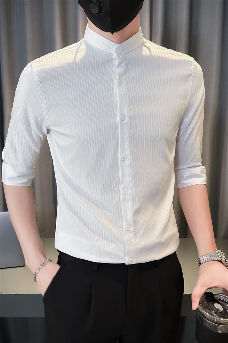 夏季男士七分袖条纹衬衫立领男休闲修身休闲衬衣A236-C661-P58,男装衬衫,电商A236