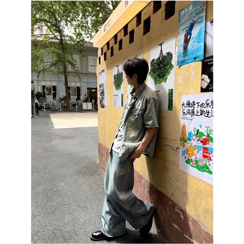 小众复古垫肩牛仔短袖衬杠条设计感水洗牛仔上衣C9989,男装T恤,星座1116A（原606A-3）