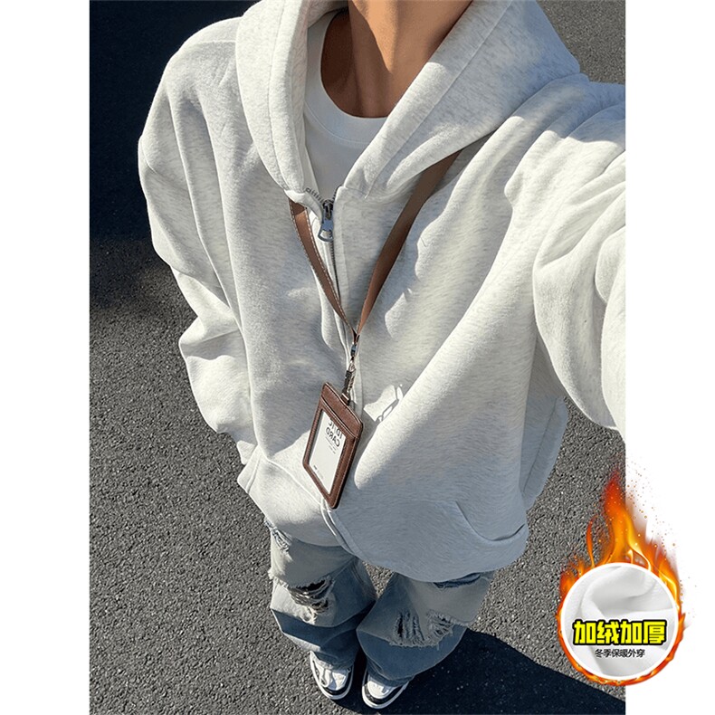 480G重磅加绒硬挺boxy男女秋冬美式高街结构无帽绳开衫卫衣厚外套，女装短外套，电商A486-1