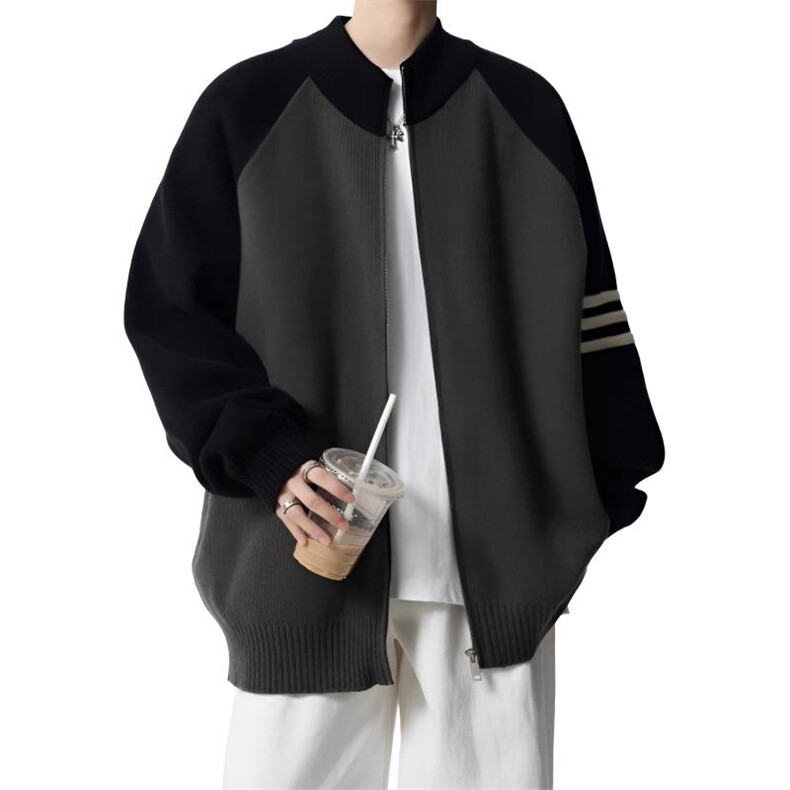 重磅秋冬北极绒开衫毛衣美式复古休闲慵懒风撞色立领针织衫外套，男装针织衫/毛衣，电商A486