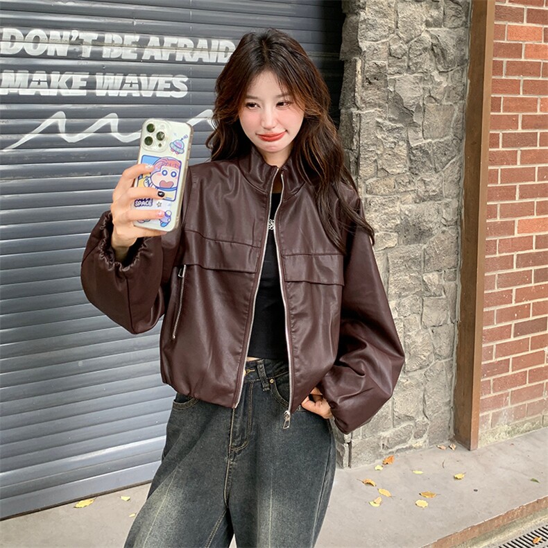 红皮衣外套女秋秋2025新款美式复古又a又飒机车服pu皮夹克,女装皮衣,纯色衣恋