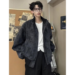 扎染立领PU皮衣外套男款秋季cleanfit棒球服短款飞行夹克 JK785图片