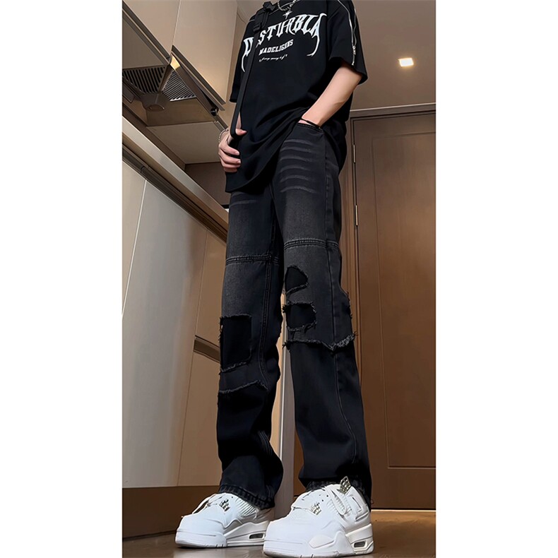 B221美式ins高街暗黑小众撞色破洞直筒牛仔裤LK23109-P65控88,男装牛仔裤,电商B221