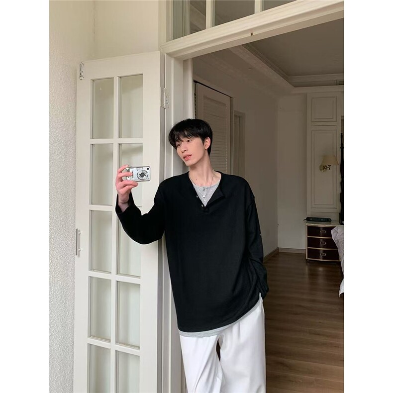 假两件华夫格亨利衫男夏季薄款长袖t恤韩版潮牌卫衣春秋季打底衫,男装针织衫/毛衣,星座1210-1