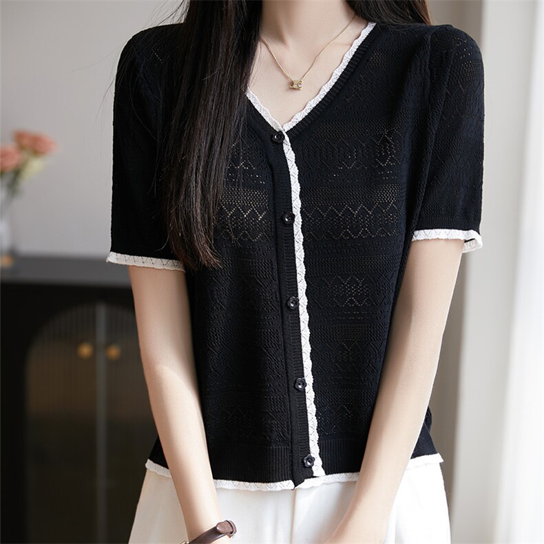 小众镂空薄款针织开衫短袖女t恤2025夏新款宽松短外搭时尚V领上衣，女装T恤，绒汀羊绒