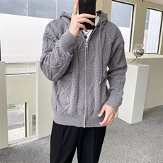 秋冬季新款拉链毛衣男连帽针织衫轻熟风麻花菱格纯色开衫外套G08，男装针织衫/毛衣，星座1116A-2（原606A-1）