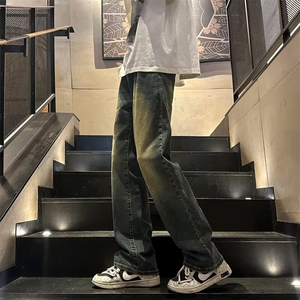 GJ8155-P40牛仔裤男春秋渐变水洗做旧痞帅微喇裤宽松直筒休闲长裤图片
