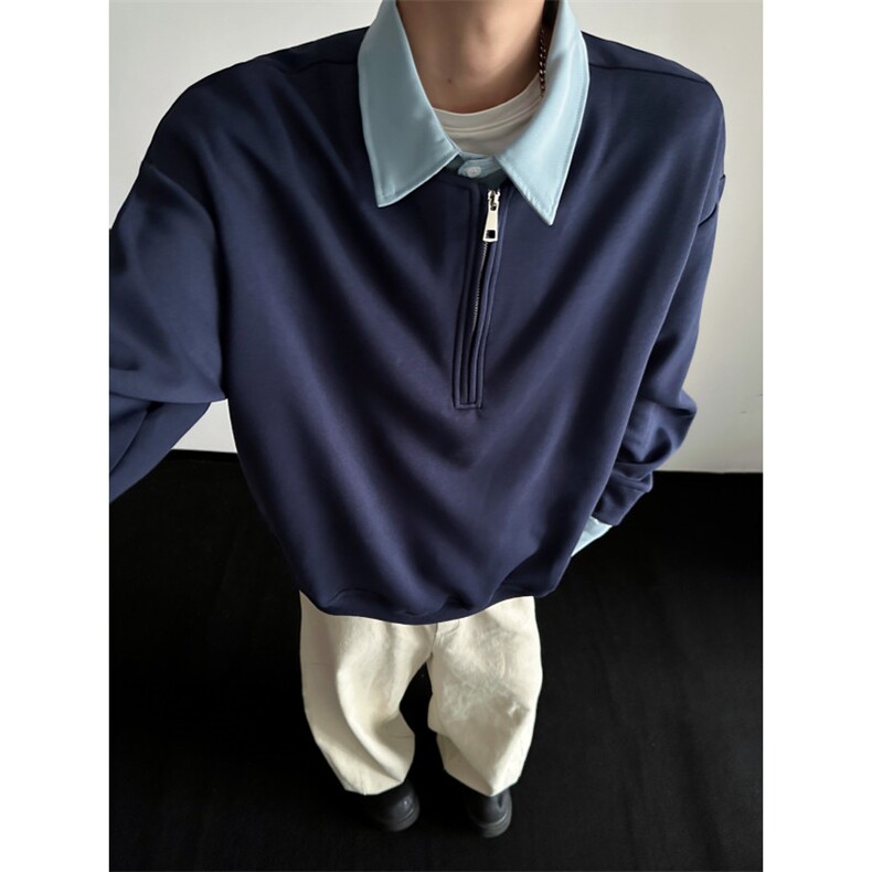 WY810-尺码M-3XL-P50-撞色衬衫领假两件cleanfit套头半拉链卫衣,男装衬衫,星座1811B