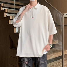 PL9053/P35冰丝短袖POLO衫男夏季宽松纯色上衣美式潮牌半拉链t恤，男装Polo衫，电商A141