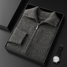 2025秋冬百搭时尚翻领拉链开衫平面针织衫，男装羊绒套衫，盛欣羊绒