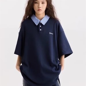 ins日系假两件POLO领格子上衣男女新款夏季半袖宽松上衣短袖t恤衫图片