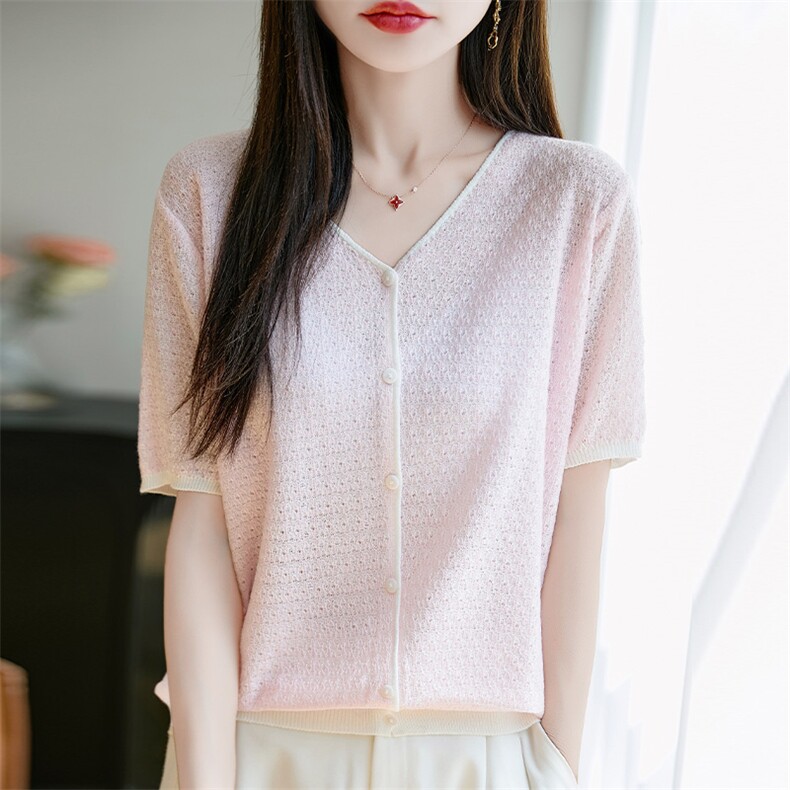 夏季v领精纺羊毛针织开衫女短袖撞色提花宽松显瘦半袖打底衫甜美，女装T恤，羿纯羊绒高端店