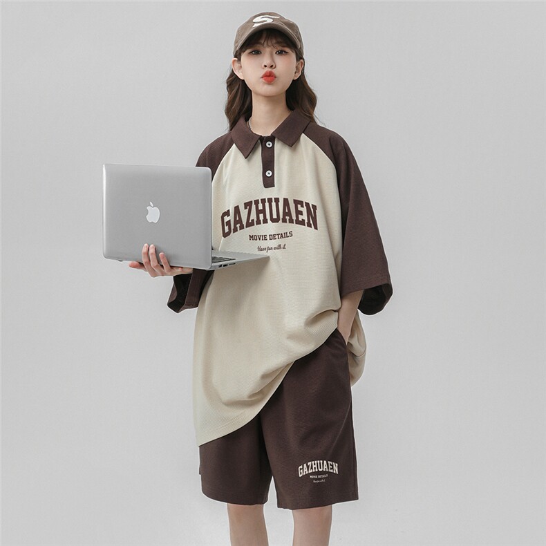 中性24夏季华夫格字母印花插肩袖POLO短裤套装TZ61183P65控88，男装休闲套装，电商A268