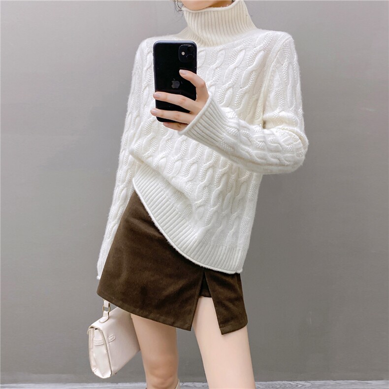 2025百搭时尚简约高领扭花卷边羊绒衫，女装羊绒衫，国旺羊绒